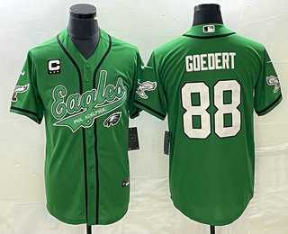 Mens Philadelphia Eagles #88 Dallas Goedert Green C Patch Cool Base Stitched Baseball Jersey